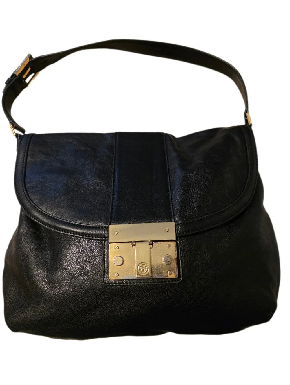 Tory Burch Black Leather Black Shoulder Bag Gold Logo Hobo Flap Purse